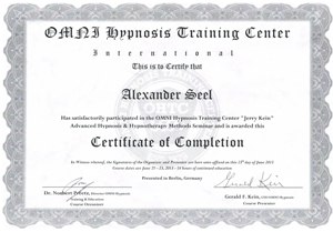 Certificate Gerald Kein Hypnotherapy OMNI Hypnosis Trainings Center Hypnotiseur Alexander Seel